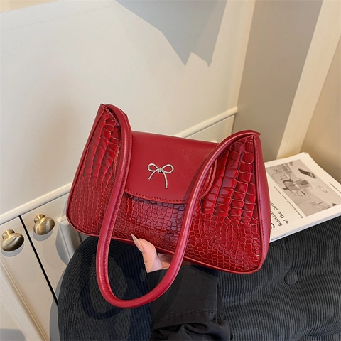 Sac à Épaule Rétro Motif Crocodile pour Femmes Décoration Nœud Sac Sous le Bras en Cuir PU Mode Trajets Petit Sac Carré