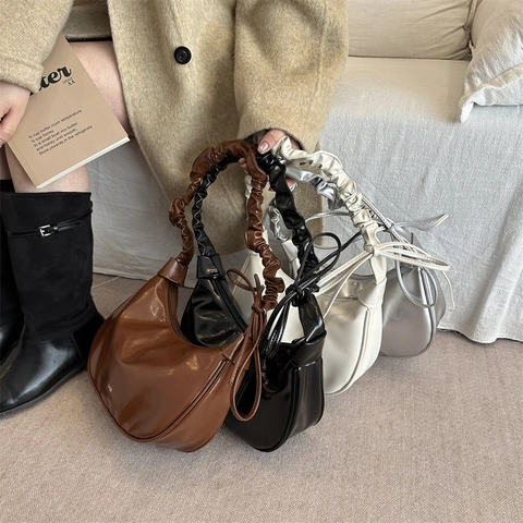 Dames Hobo Schoudertas Geplooid Handvat PU Leer Halve Maan Okseltas Met Strik Decoratie Mode Casual Dagelijks