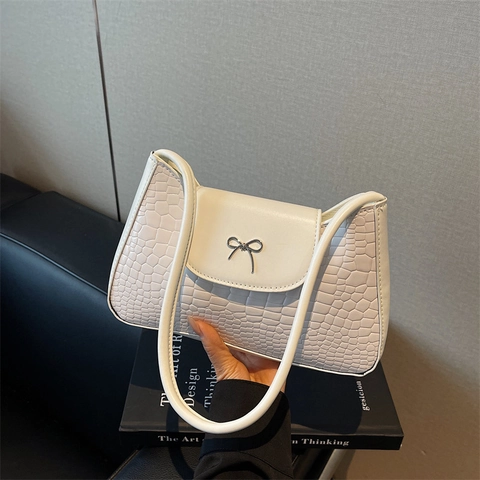 Sac à Épaule Rétro Motif Crocodile pour Femmes Décoration Nœud Sac Sous le Bras en Cuir PU Mode Trajets Petit Sac Carré