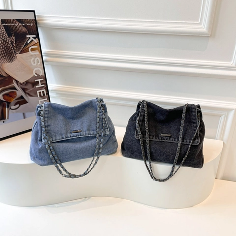Bolso De Hombro De Mezclilla Para Mujer Gran Capacidad Bolso Bandolera Con Cadena Solapa Casual Versátil Moda