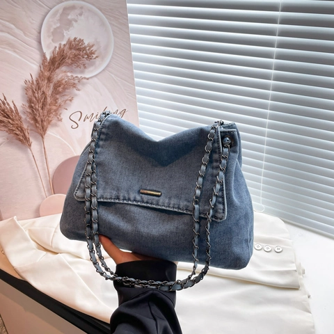 Bolso De Hombro De Mezclilla Para Mujer Gran Capacidad Bolso Bandolera Con Cadena Solapa Casual Versátil Moda