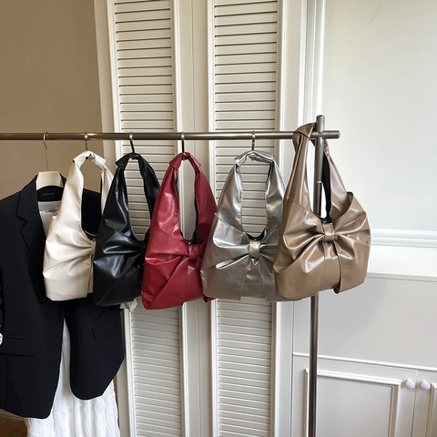 Bolso De Axila Para Mujer Con Lazo Cuero PU Plisado Estilo Coreano Bolso De Hombro Simple Lazo Grande Elegante Casual