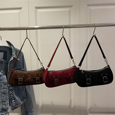 Women Suede Look Underarm Bag Retro Multi Pocket Shoulder Baguette Bag With Silver Metal Buckles Solid Color Street Trend Purse