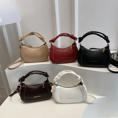 Bolso Bandolera de Media Luna de Cuero PU para Mujer Con Asa Retorcida Minimalista Color Sólido Bolso de Axila Casual Urbano