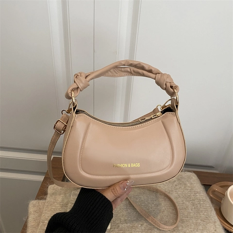 Bolso de Mano de Cuero Sintético Minimalista Urbano para Mujer Asa Anudada Bolso de Hombro de Media Luna Versátil Color Sólido Con Cremallera