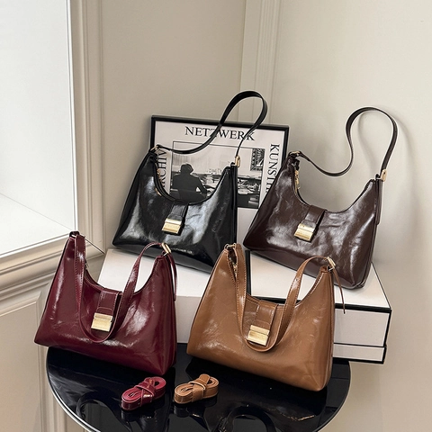 Bolso De Hombro De Cuero PU Brillante Bolso De Media Luna Hobo Para Mujer Moda Coreana Retro Color Sólido Con Hebilla Dorada