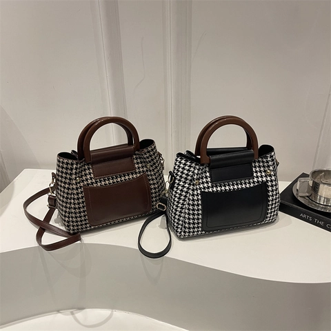 Houndstooth Schoudertas Voor Dames Retro Geweven Stof PU Lederen Handtas Met Ronde Houten Handgreep Vintage Crossbody Tas