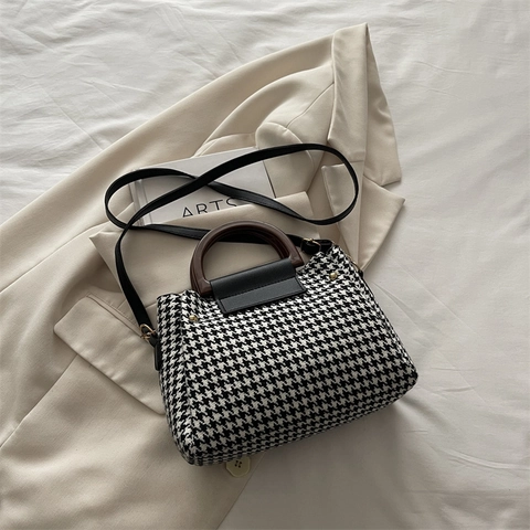 Houndstooth Schoudertas Voor Dames Retro Geweven Stof PU Lederen Handtas Met Ronde Houten Handgreep Vintage Crossbody Tas
