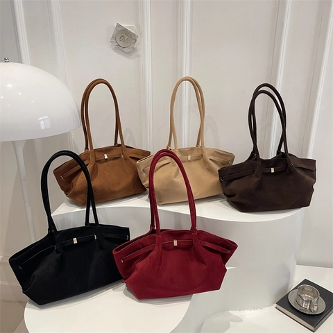 Damen Suede Unterarmtasche Große Kapazität Schulter Tote Goldene Schnalle Retro Minimalistische Handtasche Elegant