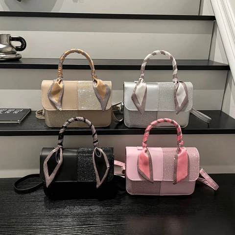 Bolso Bandolera De Retazos Para Mujer Bolso De Mano De Cuero PU Con Brillo Mango De Pañuelo De Satén Color En Contraste