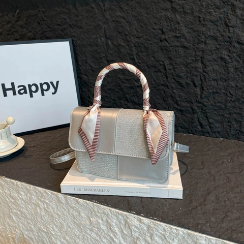 Bolso Bandolera De Retazos Para Mujer Bolso De Mano De Cuero PU Con Brillo Mango De Pañuelo De Satén Color En Contraste