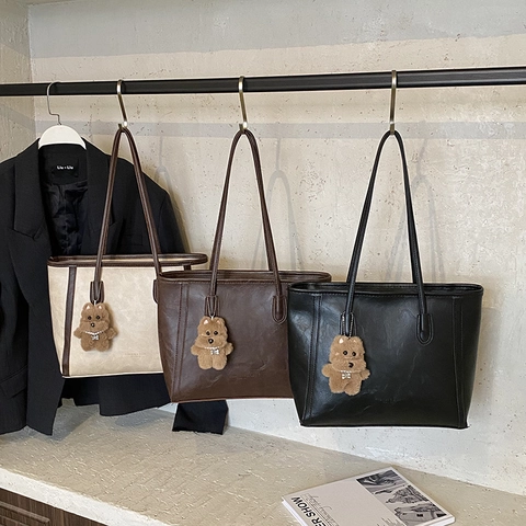 Retro PU Leather Tote Bag Large Capacity Women Casual Commuter Shoulder Handbag With Plush Charm