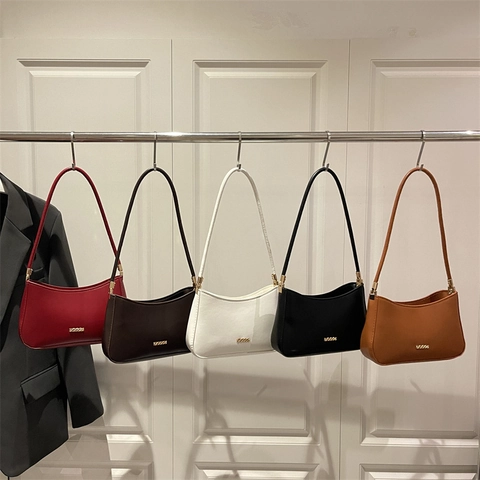 Bolso Baguette de Axila en Cuero PU Minimalista Color Sólido Bolso de Hombro con Decoración de Metal Dorado para Mujer