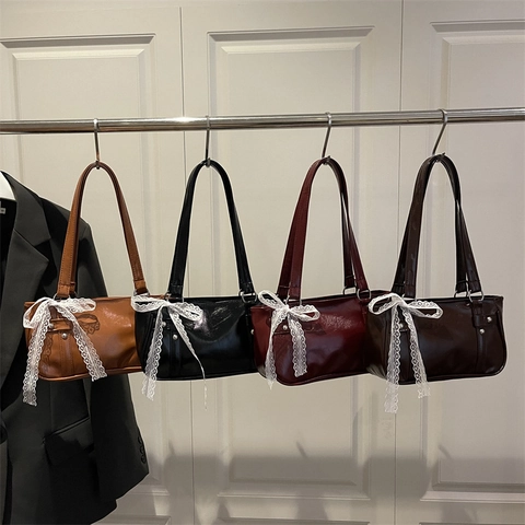 Damen Vintage Glänzende PU Leder Unterarmtasche Mit Spitze Schleife Band Retro Schultertasche Straßen Trend Täglich Mode Handtasche