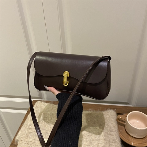 Bolso De Axila De Cuero PU Vintage Para Mujer Bolso De Hombro Minimalista Color Sólido Con Cierre De Metal Dorado Bolso Baguette Retro