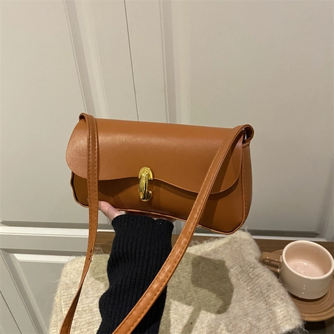 Women PU Leather Crossbody Bag Square Underarm Shoulder Bag With Golden Clasp Korean Style Elegant Minimalist