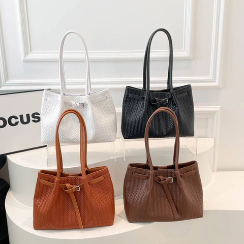 Damen Gewebte Tragetasche PU Leder Große Kapazität Schultertasche Mit Webstruktur Und Metallschnalle Für Büro Pendeln