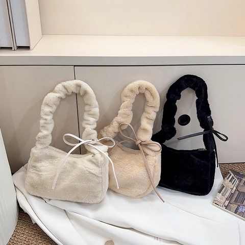 Borsa Sottoascella In Peluche Da Donna Borsa A Spalla In Pelliccia Sintetica Con Manico Arricciato Fiocco Chic Autunno Inverno