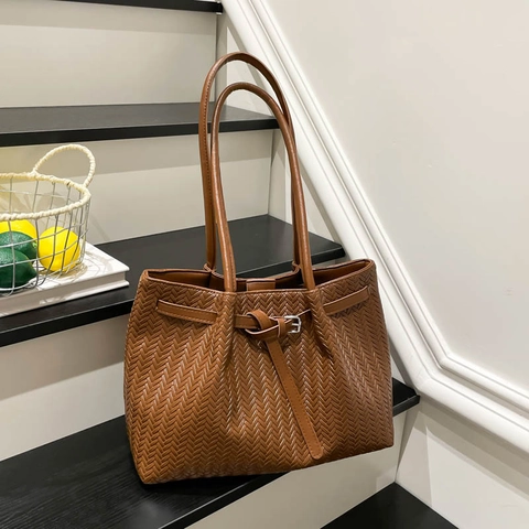 Damen Webmuster Einkaufstasche Große Kapazität PU Leder Umhängetasche Casual Einfarbig Intrecciato Pendler Mode Handtasche