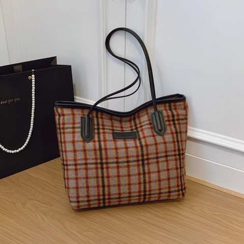 Plaid Tote Tasche Für Frauen Vintage Wollstoff Und PU Leder Schultertasche Große Kapazität Retro Pendler Unterarm