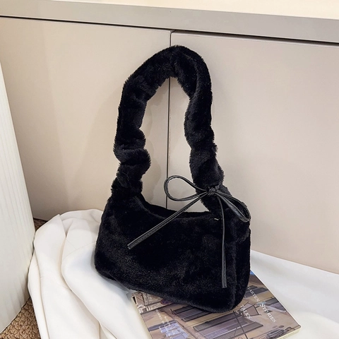 Borsa Sottoascella In Peluche Da Donna Borsa A Spalla In Pelliccia Sintetica Con Manico Arricciato Fiocco Chic Autunno Inverno