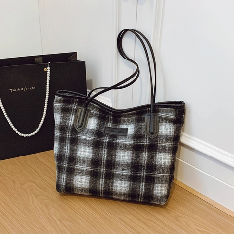 Dames Retro Ruitjes Wollen Tote Bag Grote Capaciteit Casual Schoudertas Herfst Winter Woon-werkverkeer Handtas Met Nylon Voering