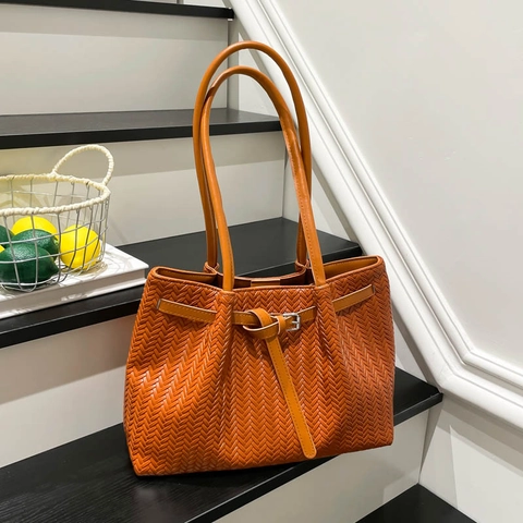 Damen Webmuster Einkaufstasche Große Kapazität PU Leder Umhängetasche Casual Einfarbig Intrecciato Pendler Mode Handtasche