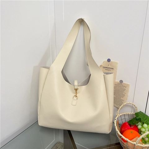 Bolso de Mano Minimalista de Cuero PU de Gran Capacidad para Mujer Bolso de Hombro Versátil de Color Sólido Con Gancho de Metal