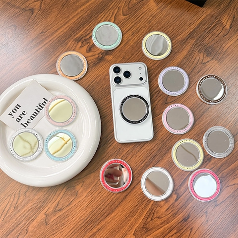 Magnetic Round Phone Holder With Built-In Mirror Portable Makeup Accessory Plastic Circular Collapsible Grip