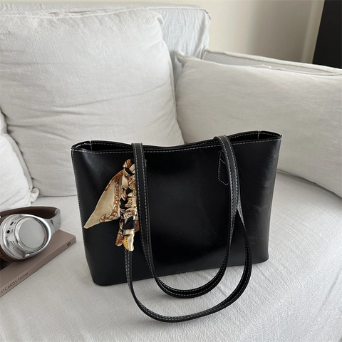 Bolso Tote Grande Para Mujer De Cuero PU Vintage Con Decoración De Pañuelo Y Costuras En Contraste