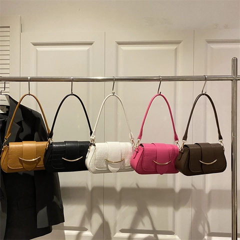 Bolso De Hombro Para Mujer Cuero PU Patrón Cocodrilo Hebilla Media Luna Dorada Retro Simple Bolso Baguette