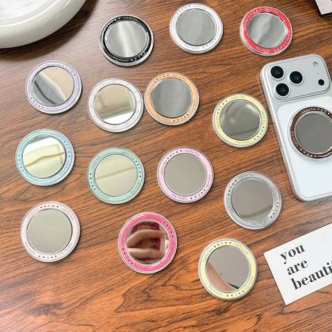 Magnetic Round Phone Holder With Built-In Mirror Portable Makeup Accessory Plastic Circular Collapsible Grip