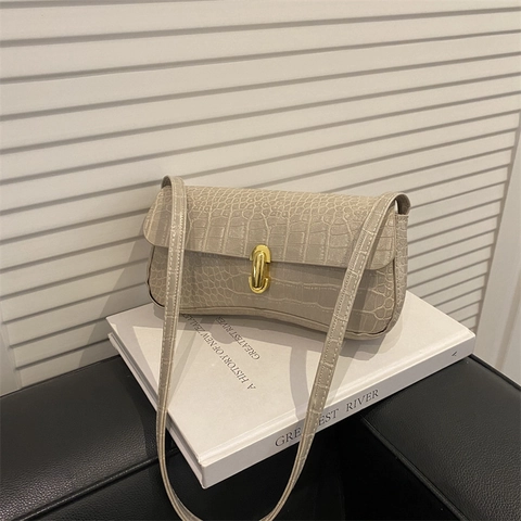 Borsa A Spalla Baguette Da Donna Motivo Coccodrillo Pelle PU Fibbia Dorata Retro Semplice Versatile Borsa Sottobraccio Moda