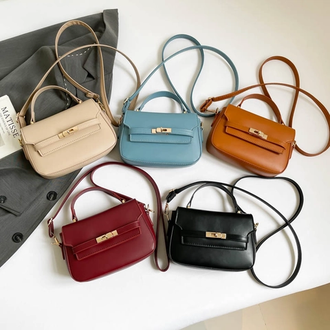 Retro Women PU Leather Handbag Small Square Shoulder Crossbody Bag With Gold Metal Turn Lock Top Handle For Daily Match