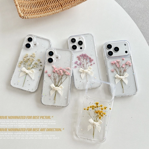 Real Dried Flowers Phone Case With White Ribbon Bow Transparent TPU Floral Glitter Protective Cover For iPhone