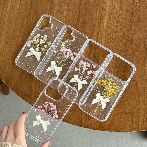 Real Dried Flowers Phone Case With White Ribbon Bow Transparent TPU Floral Glitter Protective Cover For iPhone