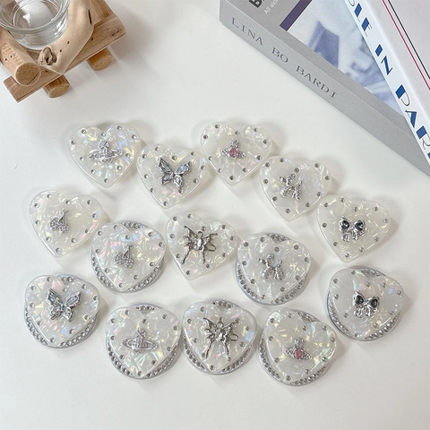 Heart Shaped Phone Griptok Holder Iridescent Shell Resin Rhinestone Butterfly Bow Planet Universal Mobile Finger Stand
