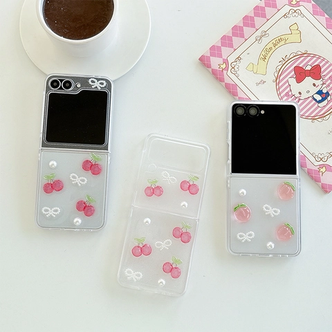 Samsung Galaxy Z Flip Fold Case Transparent Glitter 3D Resin Peach Cherry Artificial Pearl Ribbon Bow Tie Protective Soft Cover