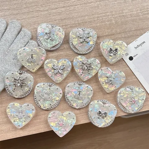 Heart Shaped Phone Griptok Holder Iridescent Shell Resin Rhinestone Butterfly Bow Planet Universal Mobile Finger Stand