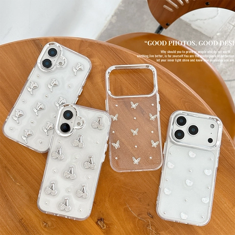 Funda TPU Transparente Brillo Para iPhone 16 17 Pro Max Antigolpes Con Decoración 3D Diamantes Mariposa Cereza Corazón Rosa