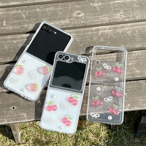 Samsung Galaxy Z Flip Fold Case Transparent Glitter 3D Resin Peach Cherry Artificial Pearl Ribbon Bow Tie Protective Soft Cover