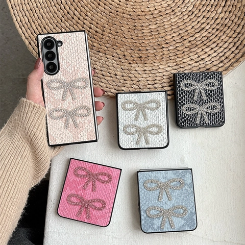 Folding Phone Case PU Leather Snake Pattern Rhinestone Butterfly Bow Luxury Protective Cover For Foldable Smartphones