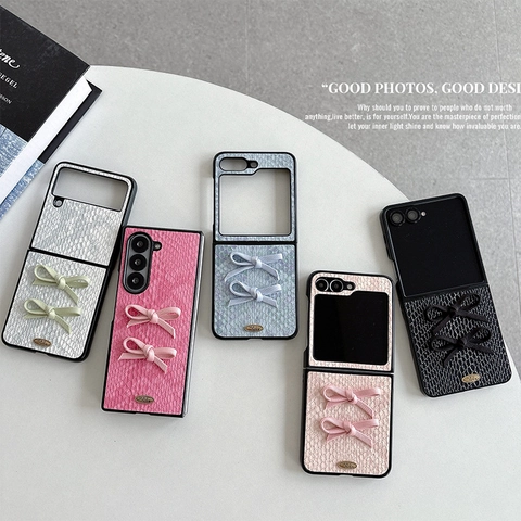Foldable Phone Case For Samsung Z Flip Series PU Leather Snake Pattern With Ribbon Bows Sweet Protective Cover