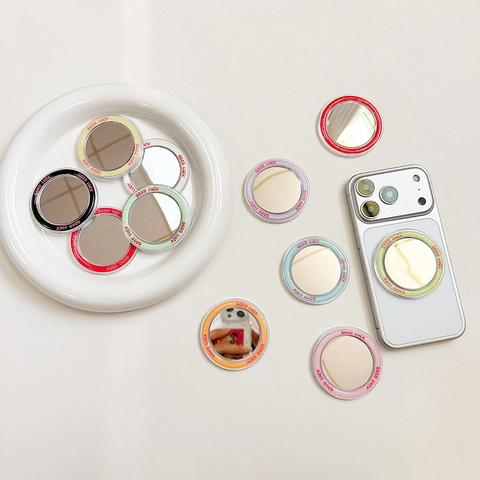 Magnetic Mirror Phone Holder MagSafe Compatible Round Portable Plastic Mini Makeup Mirror Good Luck Print For Women