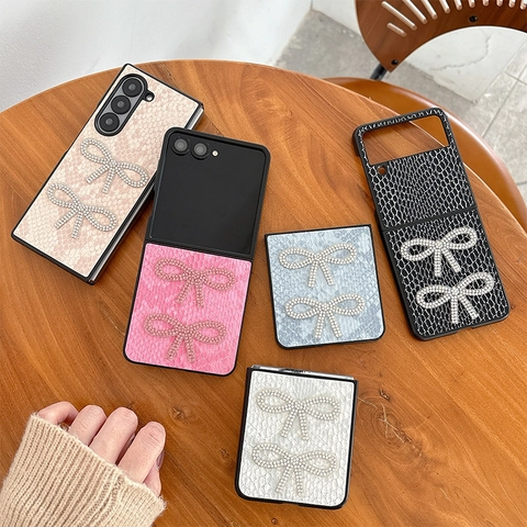 Folding Phone Case PU Leather Snake Pattern Rhinestone Butterfly Bow Luxury Protective Cover For Foldable Smartphones