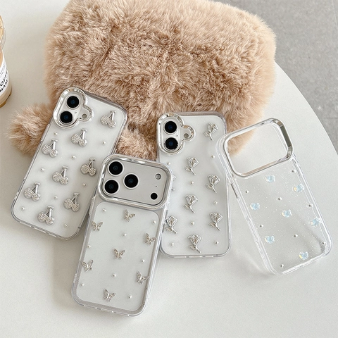 Funda TPU Transparente Brillo Para iPhone 16 17 Pro Max Antigolpes Con Decoración 3D Diamantes Mariposa Cereza Corazón Rosa
