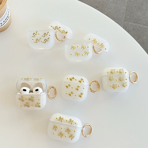 Custodia Auricolari Trasparente TPU Glitter Con Ciondoli Lega Oro Fiocco Corona Ciliegia Serpente
