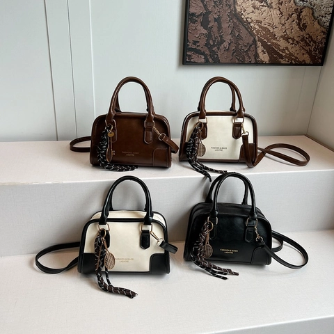 Women Boston Handbag PU Leather Contrast Color Retro Shoulder Bag Crossbody With Decorative Pendant For Commuting Fashion