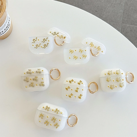 Custodia Auricolari Trasparente TPU Glitter Con Ciondoli Lega Oro Fiocco Corona Ciliegia Serpente