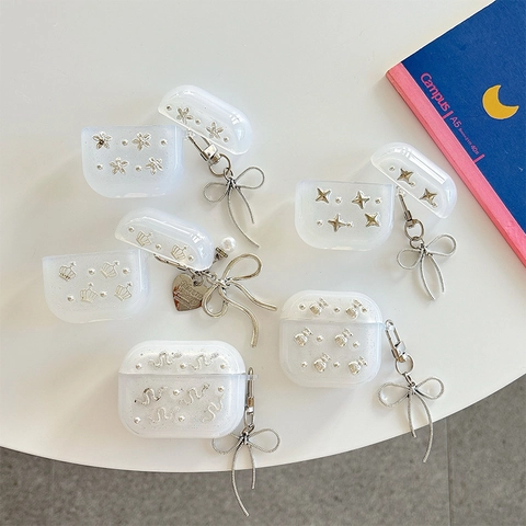 Custodia Auricolari Wireless Glitter Semi Trasparente Protettiva Con Ciondolo Fiocco In Metallo Argentato Stella Corona Decoro